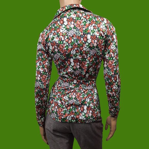 Vintage 70s Blouse Belted Floral Disco Dagger Collar Long Sleeve Button Up Sz S - Picture 9 of 11